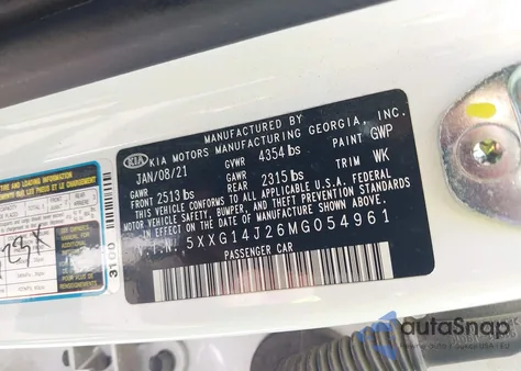 2021 Kia K5 Lxs z USA, uszkodzony, nr VIN 5XXG14J26MG054961